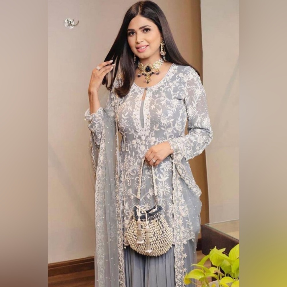 Slate Grey Embroidery Work Readymade Top With Palazzo